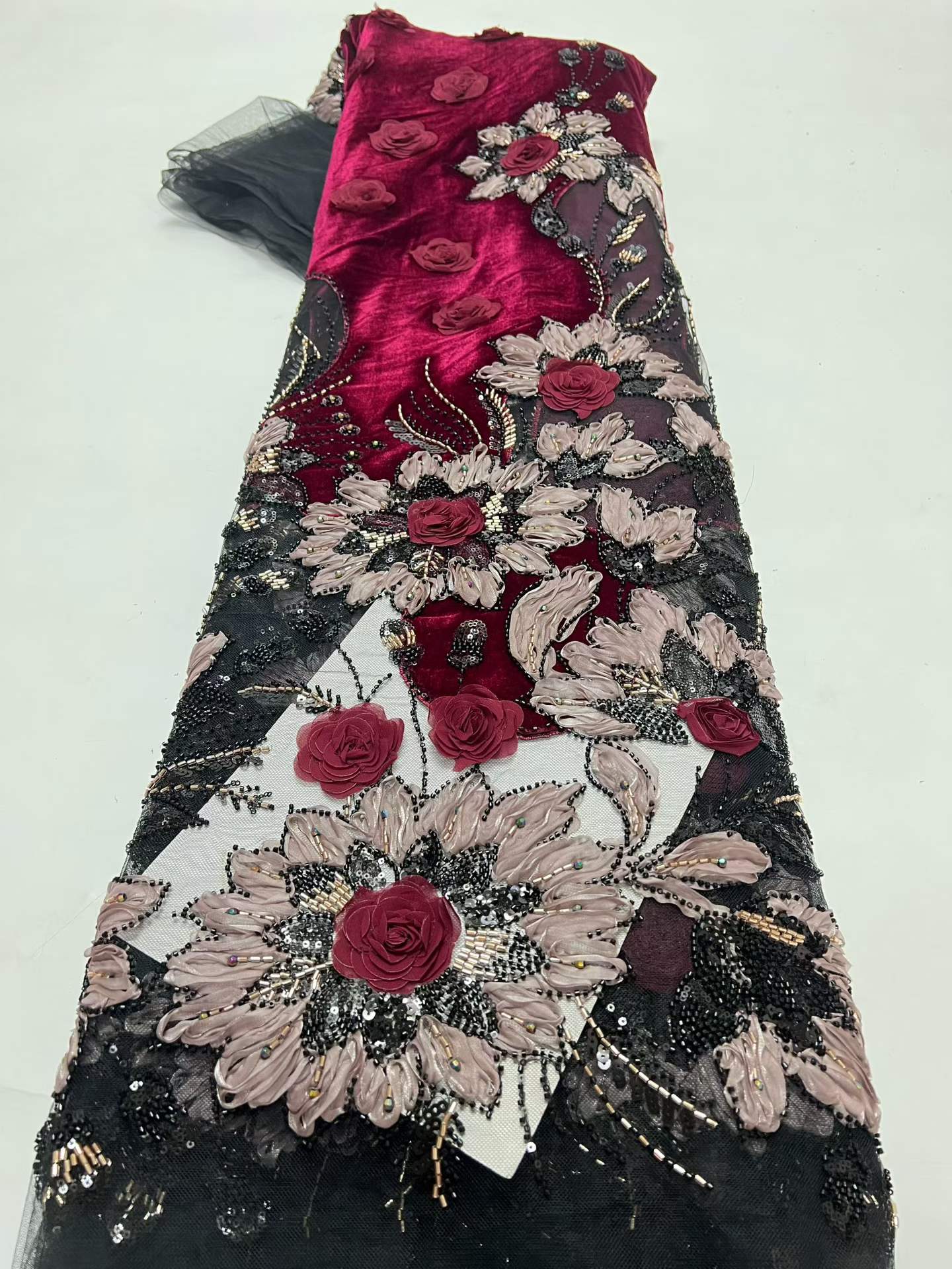 Sewing Velvet Fabric - Luxury African Velvet Red Beaded Sequin