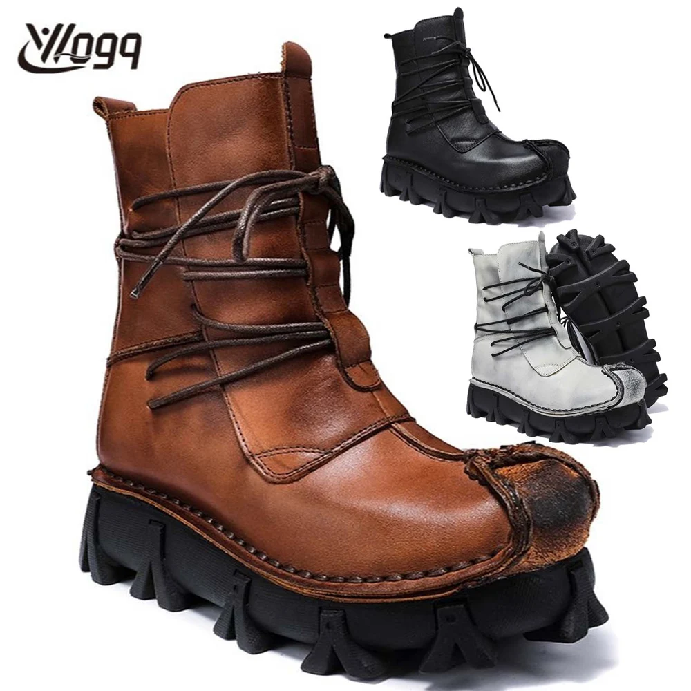 Sewing Latex - Men's Genuine Leather Skull Boots Gothic